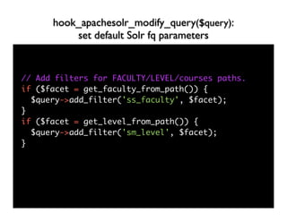 hook_apachesolr_modify_query($query):
          set default Solr fq parameters


// Add filters for FACULTY/LEVEL/courses paths.
if ($facet = get_faculty_from_path()) {
  $query->add_filter('ss_faculty', $facet);
}
if ($facet = get_level_from_path()) {
  $query->add_filter('sm_level', $facet);
}
 