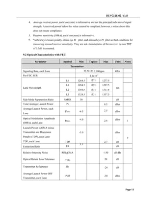 DC-FC31C-02 V1.0
4. Average receiver power, each lane (min) is informative and not the principal indicator of signal
strength. A received power below this value cannot be compliant; however, a value above thie
does not ensure compliance.
5.
6.
Receiver sensitivity (OMA), each lane(max) is informative.
Vertical eye closure penalty, stress eye J2 jitter, and stressed eye J9 jitter are test conditions for
measuring stressed receiver sensitivity. They are not characteristics of the receiver. A max TDP
of 3.3dB is assumed.
9.2 Optical Characteristics with FEC
Parameter Symbol Min Typical Max Units Notes
Transmitter
Signaling Rate, each Lane
Pre-FEC BER
25.78125±100ppm Gb/s
2.1x10
1271
1291
1311
1331
-5
L0
L1
L2
L3
1264.5
1284.5
1304.5
1324.5
1277.5
1297.5
1317.5
1337.5
Lane Wavelength nm
Side Mode Suppression Ratio
Total Average Launch Power
Average Launch Power, each
Lane
SMSR
PT
30 dB
8.5
2.5
dBm
PAVG -6.5
-4.0
dBm
dBmOptical Modulation Amplitude
(OMA), each Lane
POMA 2.5 1
2
Launch Power in OMA minus
Transmitter and Dispersion
Penalty (TDP), each Lane
TDP, each Lane
-5.0
3.5
dBm
TDP
ER
2.7 dB
dBExtinction Ratio
Relative Intensity Noise
Optical Return Loss Tolerance
Transmitter Reflectance
RIN OMA -130
20
dB/Hz
dB
20
TOL
RT
-20 dB
Average Launch Power OFF
Transmitter, each Lane
Poff -30 dBm
Page 11
 