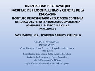 UNIVERSIDAD DE GUAYAQUIL
FACULTAD DE FILOSOFIA, LETRAS Y CIENCIAS DE LA
                 EDUCACION
INSTITUTO DE POST-GRADO Y EDUCACION CONTINUA
  DIPLOMADO SUPERIOR EN DOCENCIA UNIVERSITARIA
         ASIGNATURA: DISEÑO CURRICULAR
                      PARALELO: A-2

  FACILITADOR: MSc. TEODORO BARROS ASTUDILLO

                  GRUPO 1: APRENDICES
                       INTEGRANTES:
     Coordinador: Lcdo. S. I. Anl. Jorge Francisco Vera
                         Mosquera
       Secretaria: Dra. María Belén Andina Sánchez
           Lcda. Bella Esperanza López González
                 María Encarnación Núñez
         Blgo. Carlos Alberto Gonzabay Rodríguez
 