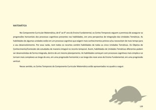 139
MATEMÁTICA
No Componente Curricular Matemática, de 6° ao 9° ano do Ensino Fundamental, os Cortes Temporais seguem a premissa de assegurar as
progressões horizontais dos processos cognitivos presentes nas habilidades, em uma perspectiva de integração das Unidades Temáticas. As
habilidades de algumas unidades estão em um processo cognitivo que exigem mais conhecimentos prévios e/ou necessitam de mais tempo para
o seu desenvolvimento. Por essa razão, nem todos os recortes contêm habilidades de todas as cinco Unidades Temáticas. Os Objetos de
Conhecimento/Conteúdo são estudados de maneira integral no recorte temporal. Assim, habilidades de Unidades Temáticas diferentes podem
ser desenvolvidas de forma integrada, dentro de um mesmo planejamento. As habilidades começam com processos cognitivos mais simples e se
tornam mais complexos ao longo do ano, em uma progressão horizontal, e ao longo dos nove anos do Ensino Fundamental, em uma progressão
vertical.
Nesse sentido, os Cortes Temporais do Componente Curricular Matemática estão apresentados no quadro a seguir.
 