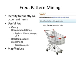 http://awe.sm/5FyNeFreq. Pattern MiningIdentify frequently co-occurrent itemsUseful for:Query RecommendationsApple -> iPhone, orange, OS XRelated product placementBasket AnalysisMap/Reducehttp://www.amazon.com
