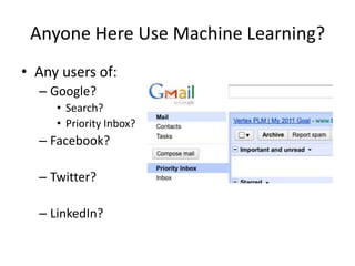 Anyone Here Use Machine Learning?Any users of:Google?Search?Priority Inbox?Facebook?Twitter?LinkedIn?