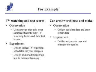 For Example TV watching and test scores Observation Use a survey that asks your sampled students their TV watching habits and their test scores. Experiment Design varied TV-watching schedules for your samples Design and/or administer an test to measure learning  Car crashworthiness and make Observation Collect accident data and auto repair data Experiment Deliberately crash cars and measure the results 