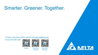 Smarter. Greener. Together.
To learn more about Delta, please visit www.deltaww.com
or scan the QR code
English Traditional
Chinese
Simplified
Chinese
 