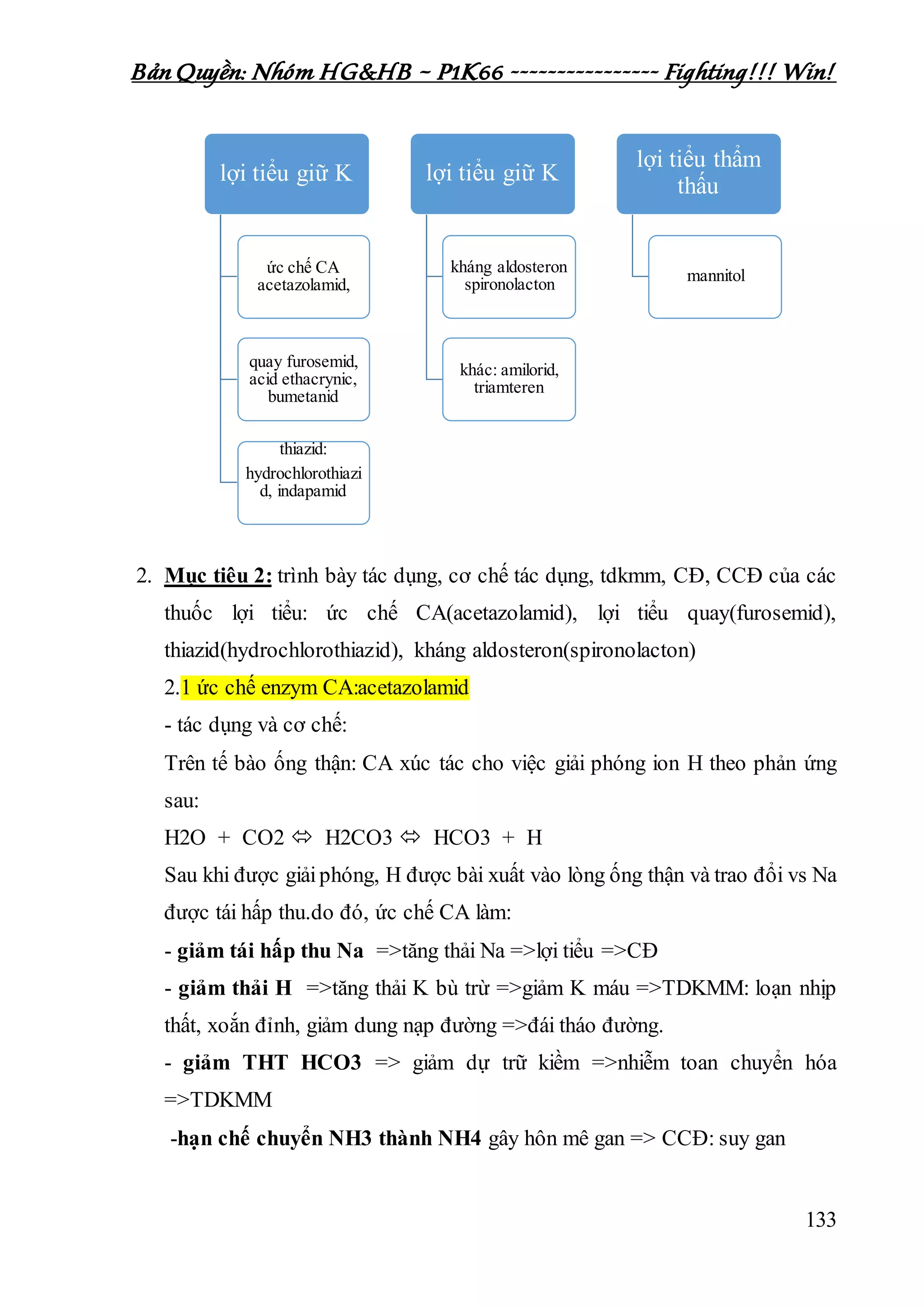 Bản Quyền: Nhóm HG&HB – P1K66 ---------------- Fighting!!! Win!
133
2. Mục tiêu 2: trình bày tác dụng, cơ chế tác dụng, tdkmm, CĐ, CCĐ của các
thuốc lợi tiểu: ức chế CA(acetazolamid), lợi tiểu quay(furosemid),
thiazid(hydrochlorothiazid), kháng aldosteron(spironolacton)
2.1 ức chế enzym CA:acetazolamid
- tác dụng và cơ chế:
Trên tế bào ống thận: CA xúc tác cho việc giải phóng ion H theo phản ứng
sau:
H2O + CO2  H2CO3  HCO3 + H
Sau khi được giảiphóng, H được bài xuất vào lòng ống thận và trao đổi vs Na
được tái hấp thu.do đó, ức chế CA làm:
- giảm tái hấp thu Na =>tăng thải Na =>lợi tiểu =>CĐ
- giảm thải H =>tăng thải K bù trừ =>giảm K máu =>TDKMM: loạn nhịp
thất, xoắn đỉnh, giảm dung nạp đường =>đái tháo đường.
- giảm THT HCO3 => giảm dự trữ kiềm =>nhiễm toan chuyển hóa
=>TDKMM
-hạn chế chuyển NH3 thành NH4 gây hôn mê gan => CCĐ: suy gan
lợi tiểu giữ K
ức chế CA
acetazolamid,
quay furosemid,
acid ethacrynic,
bumetanid
thiazid:
hydrochlorothiazi
d, indapamid
lợi tiểu giữ K
kháng aldosteron
spironolacton
khác: amilorid,
triamteren
lợi tiểu thẩm
thấu
mannitol
 