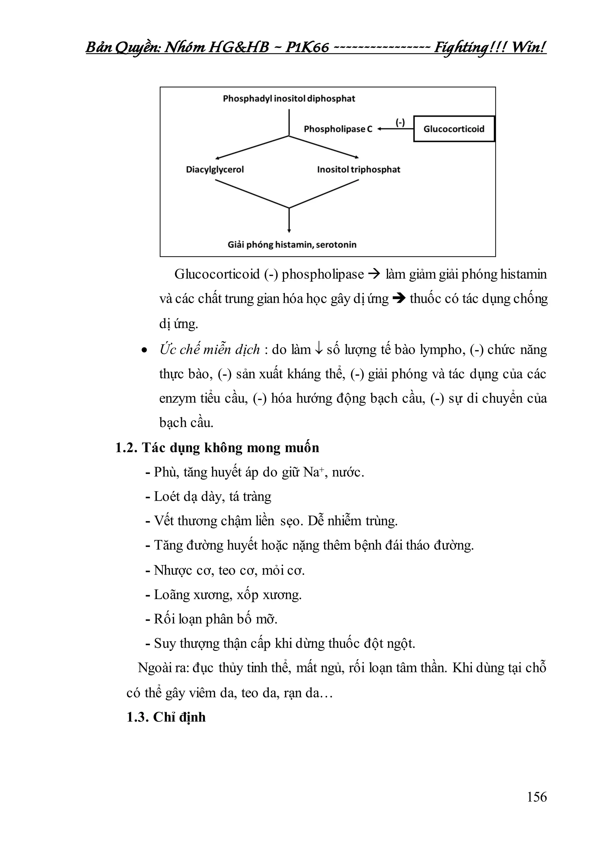 Bản Quyền: Nhóm HG&HB – P1K66 ---------------- Fighting!!! Win!
156
Glucocorticoid (-) phospholipase  làm giảm giải phóng histamin
và các chất trung gian hóa học gây dịứng  thuốc có tác dụng chống
dị ứng.
 Ức chế miễn dịch : do làm  số lượng tế bào lympho, (-) chức năng
thực bào, (-) sản xuất kháng thể, (-) giải phóng và tác dụng của các
enzym tiểu cầu, (-) hóa hướng động bạch cầu, (-) sự di chuyển của
bạch cầu.
1.2. Tác dụng không mong muốn
- Phù, tăng huyết áp do giữ Na+, nước.
- Loét dạ dày, tá tràng
- Vết thương chậm liền sẹo. Dễ nhiễm trùng.
- Tăng đường huyết hoặc nặng thêm bệnh đái tháo đường.
- Nhược cơ, teo cơ, mỏi cơ.
- Loãng xương, xốp xương.
- Rối loạn phân bố mỡ.
- Suy thượng thận cấp khi dừng thuốc đột ngột.
Ngoài ra: đục thủy tinh thể, mất ngủ, rối loạn tâm thần. Khi dùng tại chỗ
có thể gây viêm da, teo da, rạn da…
1.3. Chỉ định
 