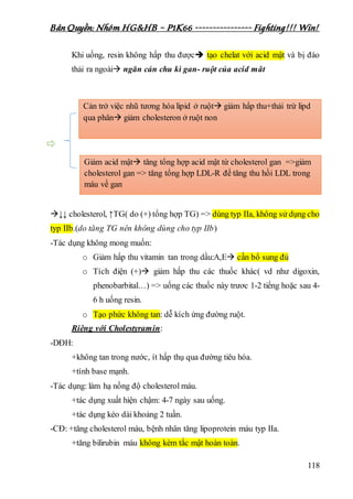 Bản Quyền: Nhóm HG&HB – P1K66 ---------------- Fighting!!! Win!
118
Khi uống, resin không hấp thu được tạo chelat với acid mật và bị đào
thải ra ngoài ngăn cản chu kì gan- ruột của acid mât
↓↓ cholesterol, ↑TG( do (+) tổng hợp TG) => dùng typ IIa, không sử dụng cho
typ IIb.(do tăng TG nên không dùng cho typ IIb)
-Tác dụng không mong muốn:
o Giảm hấp thu vitamin tan trong dầu:A,E cần bổ sung đủ
o Tích điện (+) giảm hấp thu các thuốc khác( vd như digoxin,
phenobarbital…) => uống các thuốc này trươc 1-2 tiếng hoặc sau 4-
6 h uống resin.
o Tạo phức không tan: dễ kích ứng đường ruột.
Riêng với Cholestyramin:
-DĐH:
+không tan trong nước, ít hấp thụ qua đường tiêu hóa.
+tính base mạnh.
-Tác dụng: làm hạ nồng độ cholesterol máu.
+tác dụng xuất hiện chậm: 4-7 ngày sau uống.
+tác dụng kéo dài khoảng 2 tuần.
-CĐ: +tăng cholesterol máu, bệnh nhân tăng lipoprotein máu typ IIa.
+tăng bilirubin máu không kèm tắc mật hoàn toàn.
Cản trở việc nhũ tương hóa lipid ở ruột giảm hấp thu+thải trừ lipd
qua phân giảm cholesteron ở ruột non
Giảm acid mật tăng tổng hợp acid mật từ cholesterol gan =>giảm
cholesterol gan => tăng tổng hợp LDL-R để tăng thu hồi LDL trong
máu về gan
 