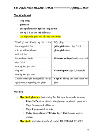 Bản Quyền: Nhóm HG&HB – P1K66 ---------------- Fighting!!! Win!
138
Mục tiêu điều trị
- tăng cung
- giảm cầu
- phân phối máu có lợi cho vùng cơ tim
- bảo vệ TB cơ tim khi thiếu oxy
- Các biện pháp giảm nhu cầu oxy của cơ tim:
Yếu tố qđ mức tiêu thụ oxy của cơ tim Biện pháp
Sức căng thành thất
+ áp lực thất thì tâm thu
+thể tích thất
↓tiền gánh:nitrat, chẹn Calci
↓hậu gánh:nitrat
Sức co bóp của tim
+ion Calci
+trương lực giao cảm
Giảm sức co bóp:chẹn ß, chẹn calci
Nhịp tim
+trương lực giao cảm
Giảm nhịp tim:chẹn ß, ivabradin
Catecholamine giải phóng nhiều và đột
ngột(stress, căng thẳng, tức giận)
Chẹn ß, không làm bệnh nhân tức
giận
Mục tiêu
- Mục tiêu 1:phân loại thuốc chống đau thắt ngực theo cơ chế tác dụng:
o Tăng GMPv: nitrat và nitrit: nitroglycerin, amyl nitrit, penta nitrit
o Chẹn Ca:verapamil, diltiazem
o Chẹn ß: propranolol, atenolol
o Chống đông, chống KTTC, tan huyết khối:heparin, aspirin,
wafarin
- Mục tiêu 2: trình bày các thuốc về cơ chế, TD, TDKMM, CĐ, CCĐ
 
