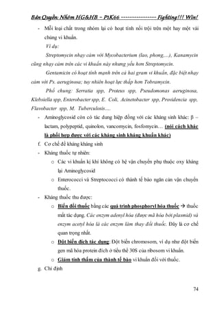 Bản Quyền: Nhóm HG&HB – P1K66 ---------------- Fighting!!! Win!
74
- Mỗi loại chất trong nhóm lại có hoạt tính nổi trội trên một hay một vài
chủng vi khuẩn.
Ví dụ:
Streptomycin nhạy cảm với Mycobacterium (lao, phong,...), Kanamycin
cũng nhạy cảm trên các vi khuẩn này nhưng yếu hơn Streptomycin.
Gentamicin có hoạt tính mạnh trên cả hai gram vi khuẩn, đặc biệt nhạy
cảm với Ps. aeruginosa; tuy nhiên hoạt lực thấp hơn Tobramycin.
Phổ chung: Serratia spp, Proteus spp, Pseudomonas aeruginosa,
Klebsiella spp, Enterobacter spp, E. Coli, Acinetobacter spp, Providencia spp,
Flavobacter spp, M. Tuberculosis….
- Aminoglycosid còn có tác dung hiệp đồng với các kháng sinh khác: β –
lactam, polypeptid, quinolon, vancomycin, fosfomycin… (nói cách khác
là phối hợp được với các kháng sinh kháng khuẩn khác)
f. Cơ chế đề kháng kháng sinh
- Kháng thuốc tự nhiên:
o Các vi khuẩn kị khí không có hệ vận chuyển phụ thuộc oxy kháng
lại Aminoglycosid
o Enterococci và Streptococci có thành tế bào ngăn cản vận chuyển
thuốc.
- Kháng thuốc thu được:
o Biến đổi thuốc bằng các quá trình phosphoryl hóa thuốc  thuốc
mất tác dụng. Các enzym adenyl hóa (được mã hóa bởi plasmid) và
enzym acetyl hóa là các enzym làm thay đổi thuốc. Đây là cơ chế
quan trọng nhất.
o Đột biến đích tác dụng: Đột biến chromosom, ví dụ như đột biến
gen mã hóa protein đích ở tiểu thể 30S của ribosom vi khuẩn.
o Giảm tính thấm của thành tế bào vi khuẩn đối với thuốc.
g. Chỉ định
 