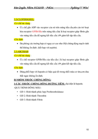Bản Quyền: Nhóm HG&HB – P1K66 ---------------- Fighting!!! Win!
93
3.2-CLOPIDOGREL:
-Cơ chế tác dụng :
 Ức chế gắn ADP vào receptor của nó trên màng tiểu cầu,nên cản trở hoạt
hóa receptor GPIIb/IIIa trên màng tiểu cầu( là loại receptor giúp fibrin gắn
vào màng tiểu cầu để ngưng kết tiểu cầu ) giảm kết tập tiểu cầu.
-Chỉ định:
 Dự phòng các trường hợp có nguy cơ cao như :Hội chứng động mạch vành
thể không ổn định .(kết hợp với aspirin).
3.3-ABCIMAB:
-Cơ chế tác dụng :
 Ức chế receptor GPIIb/IIIa của tiểu cầu ( là loại receptor giúp fibrin gắn
vào màng tiểu cầu để ngưng kết tiểu cầu ) giảm kết tập tiểu cầu.
-Chỉ định:
 Dùng phối hợp với heparin có hiệu quả tốt trong nhồi máu cơ tim,cơn đau
thắt ngực không ổn định.
II-NHÓM THUỐC CHỐNG ĐÔNG:
1-CÁC THUỐC CHỐNG ĐÔNG ĐƯỜNG TIÊM : đại diện là heparin.
-QUÁ TRÌNH ĐÔNG MÁU:
• GĐ 1: Hình thành phức hợp Prothrombokinase
• GĐ 2: Hình thành Thrombin
• GĐ 3: Hình thành Fibrin
 