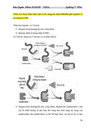 Bản Quyền: Nhóm HG&HB – P1K66 ---------------- Fighting!!! Win!
96
-Phân tích được điểm khác biệt về tác dụng,chỉ định,TDKMM giữa heparin và
các heparin LMW
-Phân loại heparin: có 2 loại là
 Heparin bình thường(cấu trúc cống kềnh)
 Heparin phân tử lượng thấp (LMW)
-Cơ chế tác dụng của 2 loại này có sự khác biệt là :
 Heparin bình thường(cấu trúc cống kềnh): Heparin lên antithrombin ( chủ
yếu là chuỗi đường 5) làm thay đổi trung tâm hình dạng tác dụng của
antithrombin, làm antithrombin có thể kết hợp dược với yếu tố Xa và làm
 