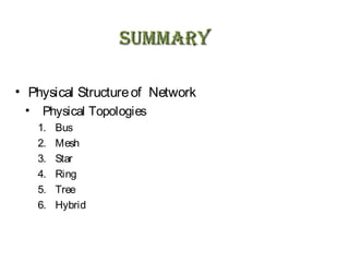 summaRYsummaRY
• Physical Structureof Network
• Physical Topologies
1. Bus
2. Mesh
3. Star
4. Ring
5. Tree
6. Hybrid
 