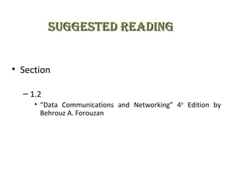 suGGesTed ReadINGsuGGesTed ReadING
• Section
– 1.2
• “Data Communications and Networking” 4th
Edition by
Behrouz A. Forouzan
 