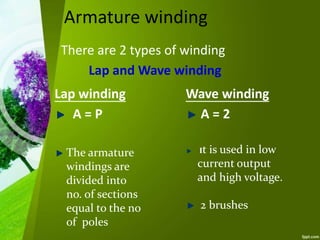 Armature winding
There are 2 types of winding
Lap and Wave winding
Lap winding
A = P
The armature
windings are
divided into
no. of sections
equal to the no
of poles
Wave winding
A = 2
It is used in low
current output
and high voltage.
2 brushes
 