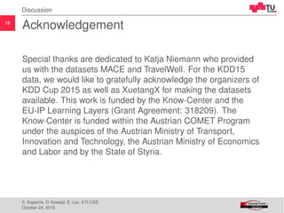 18
Discussion
Acknowledgement
Special thanks are dedicated to Katja Niemann who provided
us with the datasets MACE and TravelWell. For the KDD15
data, we would like to gratefully acknowledge the organizers of
KDD Cup 2015 as well as XuetangX for making the datasets
available. This work is funded by the Know-Center and the
EU-IP Learning Layers (Grant Agreement: 318209). The
Know-Center is funded within the Austrian COMET Program
under the auspices of the Austrian Ministry of Transport,
Innovation and Technology, the Austrian Ministry of Economics
and Labor and by the State of Styria.
S. Kopeinik, D. Kowald, E. Lex, KTI-CSS
October 24, 2016
 