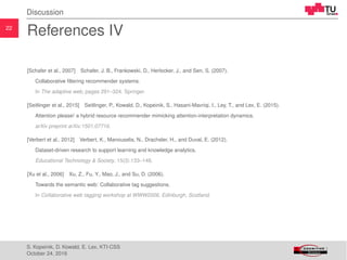 22
Discussion
References IV
[Schafer et al., 2007] Schafer, J. B., Frankowski, D., Herlocker, J., and Sen, S. (2007).
Collaborative ﬁltering recommender systems.
In The adaptive web, pages 291–324. Springer.
[Seitlinger et al., 2015] Seitlinger, P., Kowald, D., Kopeinik, S., Hasani-Mavriqi, I., Ley, T., and Lex, E. (2015).
Attention please! a hybrid resource recommender mimicking attention-interpretation dynamics.
arXiv preprint arXiv:1501.07716.
[Verbert et al., 2012] Verbert, K., Manouselis, N., Drachsler, H., and Duval, E. (2012).
Dataset-driven research to support learning and knowledge analytics.
Educational Technology & Society, 15(3):133–148.
[Xu et al., 2006] Xu, Z., Fu, Y., Mao, J., and Su, D. (2006).
Towards the semantic web: Collaborative tag suggestions.
In Collaborative web tagging workshop at WWW2006, Edinburgh, Scotland.
S. Kopeinik, D. Kowald, E. Lex, KTI-CSS
October 24, 2016
 