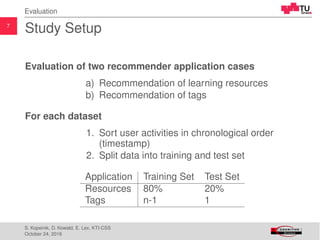 7
Evaluation
Study Setup
Evaluation of two recommender application cases
a) Recommendation of learning resources
b) Recommendation of tags
For each dataset
1. Sort user activities in chronological order
(timestamp)
2. Split data into training and test set
Application Training Set Test Set
Resources 80% 20%
Tags n-1 1
S. Kopeinik, D. Kowald, E. Lex, KTI-CSS
October 24, 2016
 