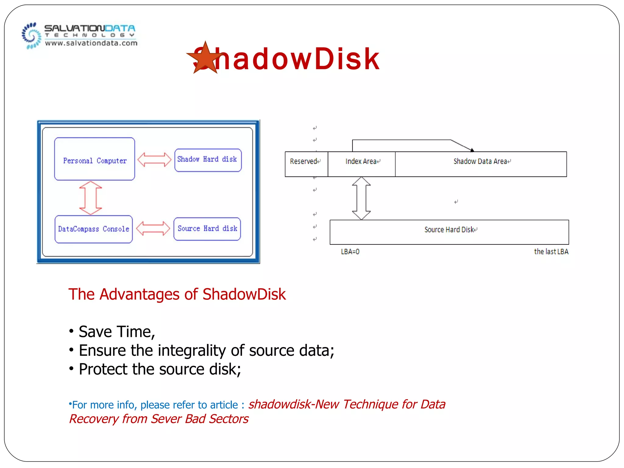 ShadowDisk The Advantages of ShadowDisk Save Time, Ensure the integrality of source data; Protect the source disk; For more info, please refer to article :  shadowdisk-New Technique for Data Recovery from Sever Bad Sectors 