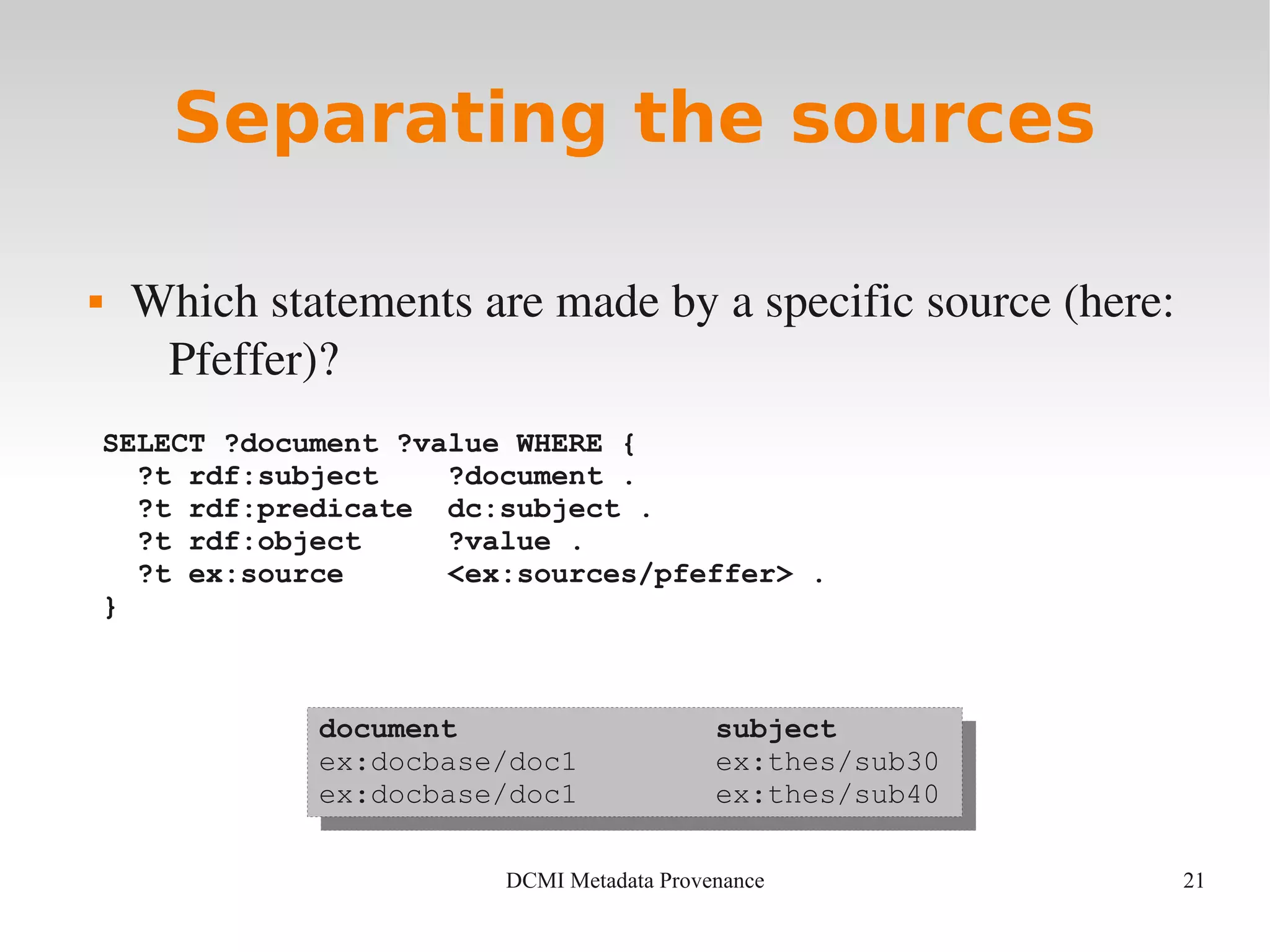 21DCMI Metadata Provenance
Separating the sources
 Which statements are made by a specific source (here: 
Pfeffer)?
SELECT ?document ?value WHERE {
?t rdf:subject ?document .
?t rdf:predicate dc:subject .
?t rdf:object ?value .
?t ex:source <ex:sources/pfeffer> .
}
document subject
ex:docbase/doc1 ex:thes/sub30
ex:docbase/doc1 ex:thes/sub40
document subject
ex:docbase/doc1 ex:thes/sub30
ex:docbase/doc1 ex:thes/sub40
 