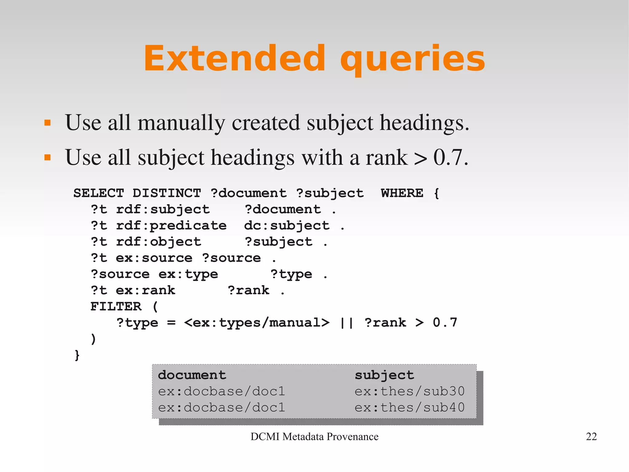 22DCMI Metadata Provenance
Extended queries
 Use all manually created subject headings.
 Use all subject headings with a rank > 0.7.
SELECT DISTINCT ?document ?subject WHERE {
?t rdf:subject ?document .
?t rdf:predicate dc:subject .
?t rdf:object ?subject .
?t ex:source ?source .
?source ex:type ?type .
?t ex:rank ?rank .
FILTER (
?type = <ex:types/manual> || ?rank > 0.7
)
}
document subject
ex:docbase/doc1 ex:thes/sub30
ex:docbase/doc1 ex:thes/sub40
document subject
ex:docbase/doc1 ex:thes/sub30
ex:docbase/doc1 ex:thes/sub40
 