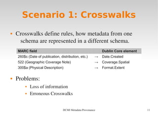 11DCMI Metadata Provenance
Scenario 1: Crosswalks
 Crosswalks define rules, how metadata from one 
schema are represented in a different schema.
 Problems: 
 Loss of information
 Erroneous Crosswalks
MARC field Dublin Core element
260$c (Date of publication, distribution, etc.) → Date.Created
522 (Geographic Coverage Note) → Coverage.Spatial
300$a (Physical Description) → Format.Extent
 