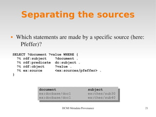 21DCMI Metadata Provenance
Separating the sources
 Which statements are made by a specific source (here: 
Pfeffer)?
SELECT ?document ?value WHERE {
?t rdf:subject ?document .
?t rdf:predicate dc:subject .
?t rdf:object ?value .
?t ex:source <ex:sources/pfeffer> .
}
document subject
ex:docbase/doc1 ex:thes/sub30
ex:docbase/doc1 ex:thes/sub40
document subject
ex:docbase/doc1 ex:thes/sub30
ex:docbase/doc1 ex:thes/sub40
 