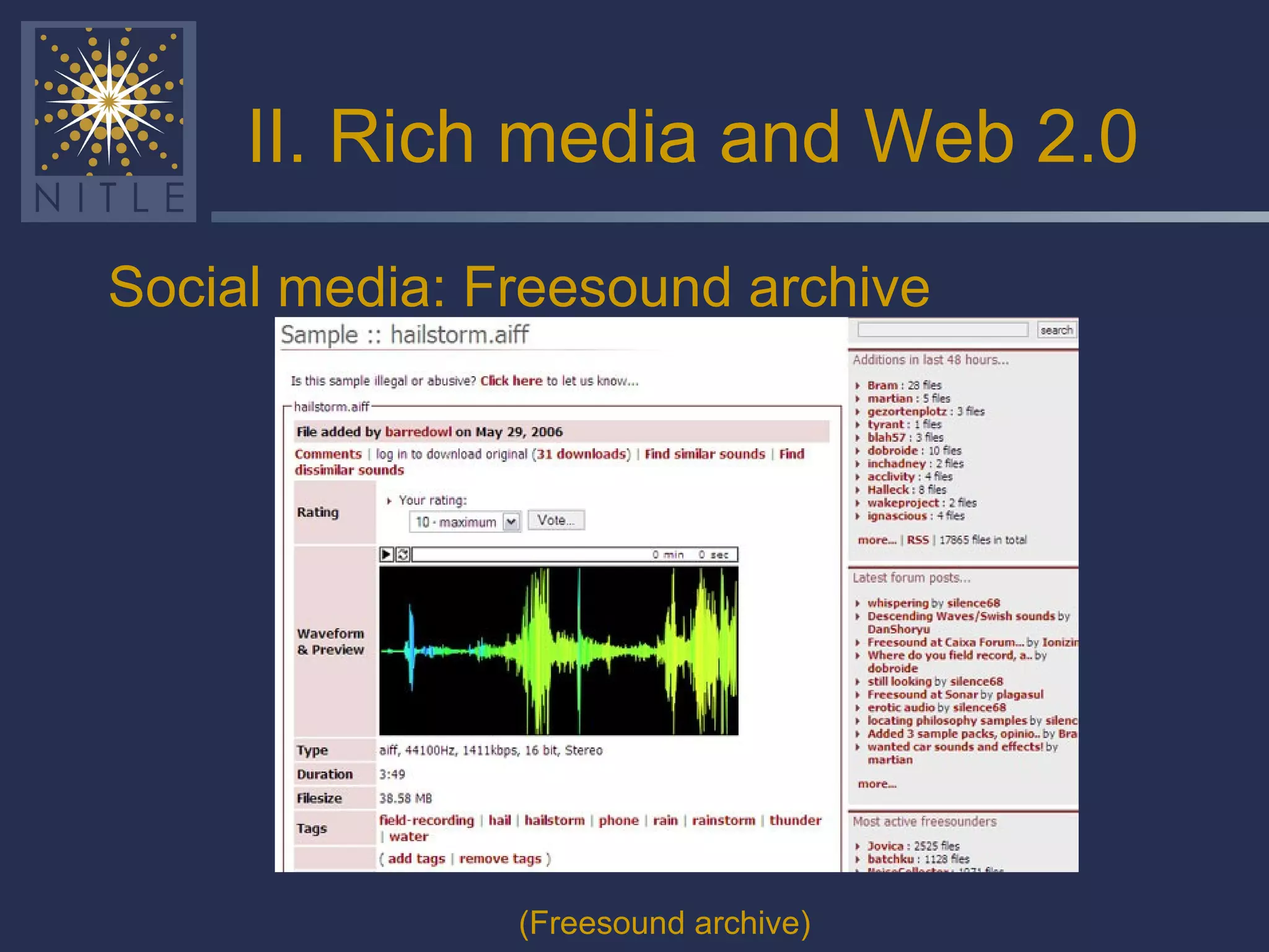 II. Rich media and Web 2.0 Social media: Freesound archive (Freesound archive) 