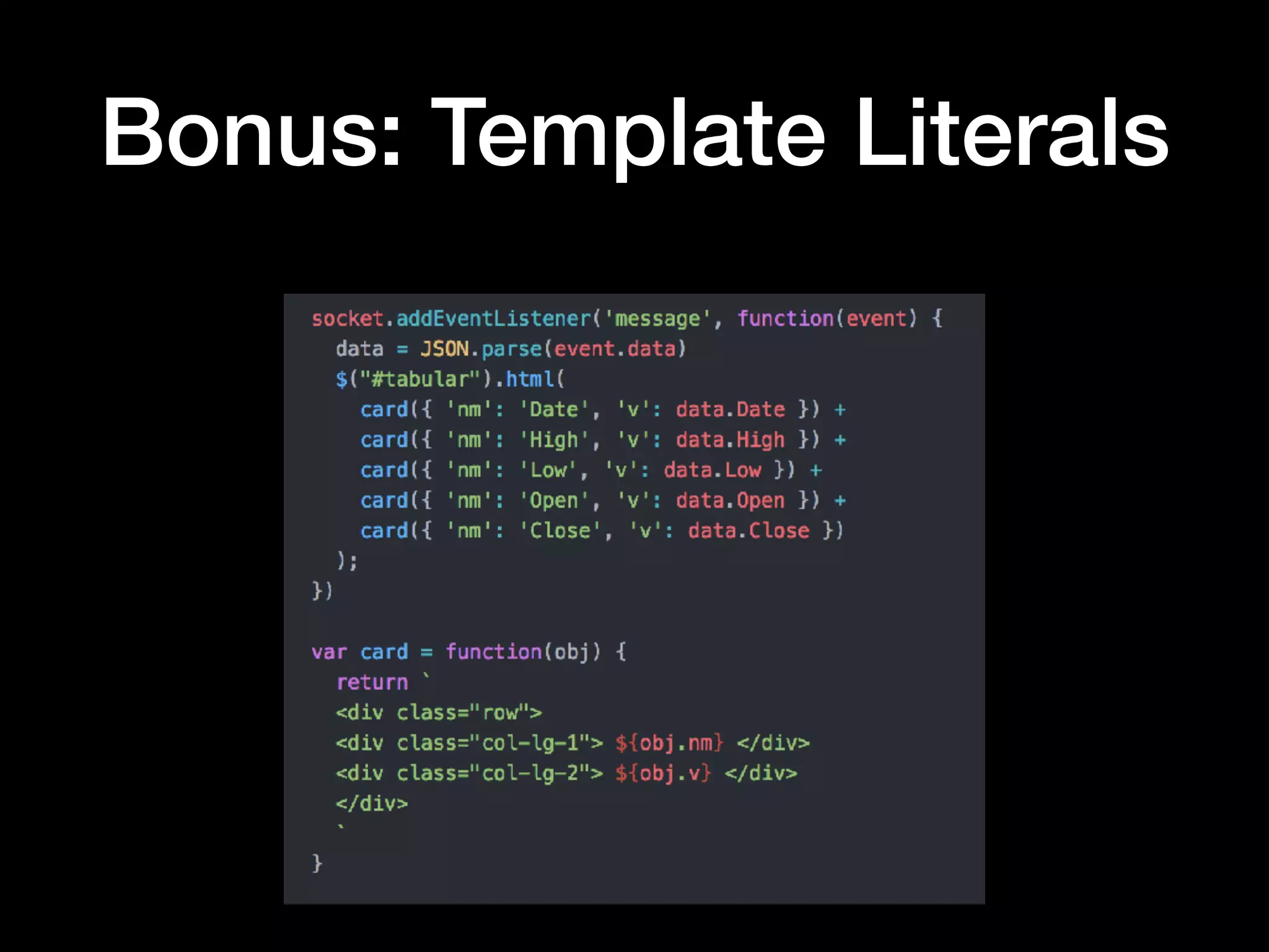 Data Visualization via DOM
Manipulation
Listeners for triaging
data

Massage data before
passing to interface

Control the subset

Manage your SVG
elements
 