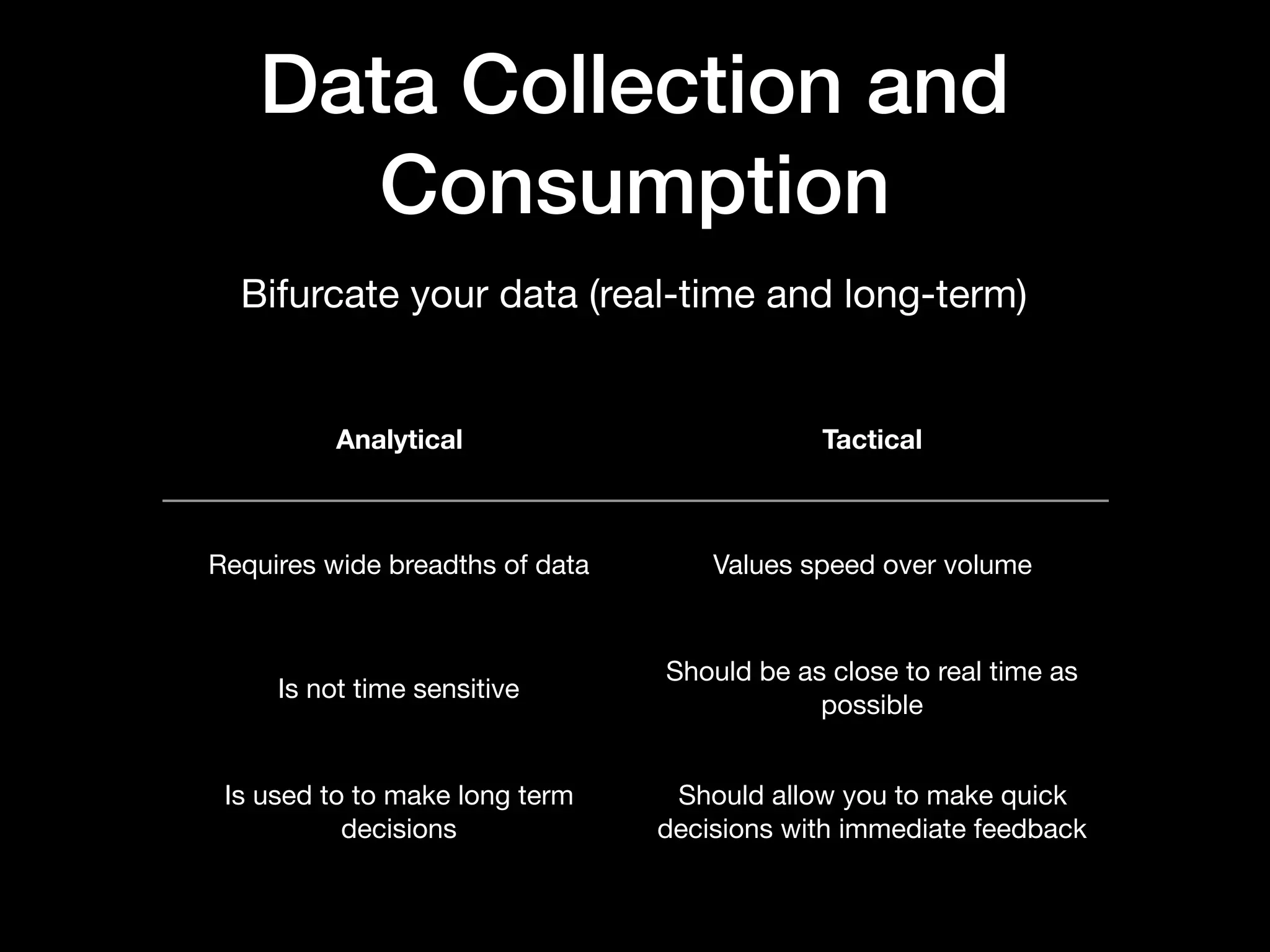 Data Collection and
Consumption
• User focus is on tactical / real-time data

• Data should be bi-directional

• Expend your resources wisely 

• Breadth < Speed < Data Quality
 