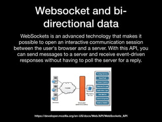 Data Analytics and
Visualization
• Data: API, server

• Analysis: visualizations, analytics, dashboards

• Decision: indicators, color, alerts, messages

• Action: interactive elements

• Repeat: data returned to the server, new data sent
 