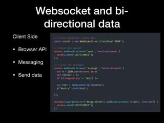 Websocket and bi-
directional data
Traditional (Polling / AJAX) Modern (Messaging/Websocket)
Pulls data asynchronously Bi-directional / Interactive
REST APIs are widely available
Widely supported in modern
browsers
Read once / use many Event Driven
 
