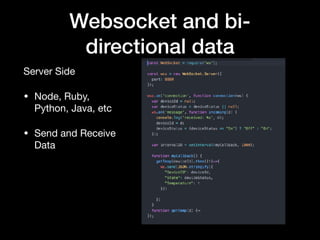 Websocket and bi-
directional data
Client Side

• Browser API

• Messaging

• Send data
 
