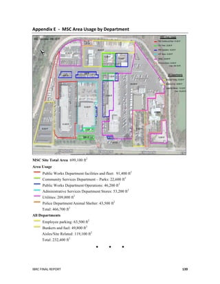  
IBRC	
  FINAL	
  REPORT	
  	
   139	
  
Appendix	
  E	
  	
  -­‐	
  	
  MSC	
  Area	
  Usage	
  by	
  Department	
  
MSC Site Total Area 699,100 ft2
Area Usage
Public Works Department facilities and fleet: 91,400 ft2
Community Services Department – Parks: 22,600 ft2
Public Works Department Operations: 46,200 ft2
Administrative Services Department Stores: 53,200 ft2
Utilities: 209,800 ft2
Police Department/Animal Shelter: 43,500 ft2
Total: 466,700 ft2
All Departments
Employee parking: 63,500	
  ft2
Bunkers and fuel: 49,800 ft2
Aisles/Site Related: 119,100 ft2
Total: 232,400 ft2
  
 