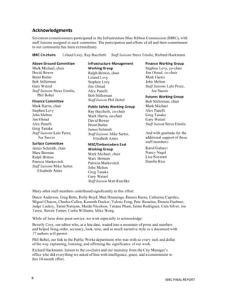 IBRC	
  FINAL	
  REPORT	
  ii	
  
Acknowledgments	
  	
  
Seventeen commissioners participated in the Infrastructure Blue Ribbon Commission (IBRC), with
staff liaisons assigned to each committee. The participation and efforts of all and their commitment
to our community has been extraordinary.
IBRC	
  Co-­‐chairs	
   Leland Levy, Ray Bacchetti Staff liaisons Steve Emslie, Richard Hackmann
Above	
  Ground	
  Committee	
  
Mark Michael, chair	
  
David Bower
Brent Butler
Bob Stillerman
Gary Wetzel
Staff liaisons Steve Emslie,
Phil Bobel	
  
Finance	
  Committee	
  
Mark Harris, chair
Stephen Levy
John Melton
Jim Olstad
Alex Panelli
Greg Tanaka
Staff liaisons Lalo Perez,
Joe Saccio	
  	
  
Surface	
  Committee	
  
James Schmidt, chair
Marc Berman
Ralph Britton
Patricia Markevitch
Staff liaisons Mike Sartor,
Elizabeth Ames	
  
	
  
	
  
Infrastructure	
  Management	
  
Working	
  Group	
  
Ralph Britton, chair
Leland Levy
Stephen Levy
Jim Olstad
Alex Panelli
Bob Stillerman
Staff liaison Phil Bobel
Public	
  Safety	
  Working	
  Group	
  
Ray Bacchetti, co-chair
Mark Harris, co-chair
David Bower
Brent Butler
James Schmidt
Staff liaisons Mike Sartor,
Elizabeth Ames
MSC/Embarcadero	
  East	
  	
  
Working	
  Group	
  
Mark Michael, chair	
  
Marc Berman
Patricia Markevitch
John Melton
Greg Tanaka
Gary Wetzel
Staff liaison Matt Raschke	
  	
  
Finance	
  Working	
  Group	
  
Stephen Levy, co-chair
Jim Olstad, co-chair
Mark Harris
John Melton
Staff liaisons Lalo Perez,
Joe Saccio
Futures	
  Working	
  Group	
  
Bob Stillerman, chair
Mark Michael
Alex Panelli
Greg Tanaka
Gary Wetzel
Staff liaison Steve Emslie	
  
And with gratitude for the
additional support of these
staff members:
Karol Galucci
Nancy Nagel
Lisa Navarett
Danille Rice
	
  
Many other staff members contributed significantly to this effort:
Daren Anderson, Greg Betts, Holly Boyd, Matt Brunnings, Dennis Burns, Catherine Capriles,
Miguel Chacon, Charles Cullen, Kenneth Dueker, Valerie Fong, Pete Hazarian, Dennis Huebner,
Judge Luckey, Tarun Narayan, Murdo Nicolson, Tatiana Pham, Jaime Rodriguez, Cara Silver, Joe
Teresi, Steven Turner, Curtis Williams, Mike Wong.
While all have done great service, we wish especially to acknowledge:
Beverly Cory, our editor who, at a late date, waded into a mountain of prose and numbers
and helped bring order, accuracy, look, tone, and as much narrative style as a document with
17 authors will permit.
Phil Bobel, our link to the Public Works department who was with us every inch and dollar
of the way explaining, listening, and affirming the significance of our work.
Richard Hackmann, liaison to the co-chairs and our mainstay from the City Manager’s
office who did everything we asked of him with intelligence, grace, and a commitment to
this 14-month effort.
 