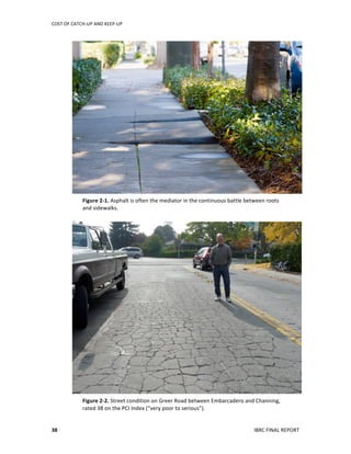 COST	
  OF	
  CATCH-­‐UP	
  AND	
  KEEP-­‐UP	
  
	
  
IBRC	
  FINAL	
  REPORT	
  38	
  
Figure	
  2-­‐1.	
  Asphalt	
  is	
  often	
  the	
  mediator	
  in	
  the	
  continuous	
  battle	
  between	
  roots	
  	
  
and	
  sidewalks.	
  
Figure	
  2-­‐2.	
  Street	
  condition	
  on	
  Greer	
  Road	
  between	
  Embarcadero	
  and	
  Channing,	
  
rated	
  38	
  on	
  the	
  PCI	
  Index	
  (“very	
  poor	
  to	
  serious”).	
  	
  
 
