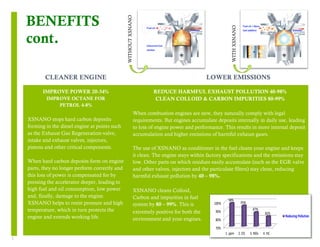 7 
BENEFITS 
cont. 
CLEANER ENGINE 
IMPROVE POWER 20-34% 
IMPROVE OCTANE FOR 
PETROL 4-8% 
XSNANO stops hard carbon deposits 
forming in the diesel engine at points such 
as the Exhaust Gas Regeneration-valve, 
intake and exhaust valves, injectors, 
pistons and other critical components. 
When hard carbon deposits form on engine 
parts, they no longer perform correctly and 
this loss of power is compensated for by 
pressing the accelerator deeper, leading to 
high fuel and oil consumption, low power 
and, finally, damage to the engine. 
XSNANO helps to resist pressure and high 
temperature, which in turn protects the 
engine and extends working life. 
CLEAN LOWER EMISSIONS 
REDUCE HARMFUL EXHAUST POLLUTION 40-98% 
CLEAN COLLOID & CARBON IMPURITIES 80-99% 
When combustion engines are new, they naturally comply with legal 
requirements. But engines accumulate deposits internally in daily use, leading 
to loss of engine power and performance. This results in more internal deposit 
accumulation and higher emissions of harmful exhaust gases. 
The use of XSNANO as conditioner in the fuel cleans your engine and keeps 
it clean. The engine stays within factory specifications and the emissions stay 
low. Other parts on which residues easily accumulate (such as the EGR valve 
and other valves, injectors and the particulate filters) stay clean, reducing 
harmful exhaust pollution by 40 – 98%. 
XSNANO cleans Colloid, 
Carbon and impurities in fuel 
system by 80 – 99%. This is 
extremely positive for both the 
environment and your engines. 
100% 
90% 
80% 
70% 
98% 95% 
87% 
82% Reducing 
Pollution 
1. 
ppm 2. 
CO 3. 
NOx 4. 
HC 
WITHOUT XSNANO 
WITH XSNANO 
 