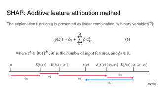 SHAP: Additive feature attribution method
The explanation function g is presented as linear combination by binary variables[2]:
22/36
 