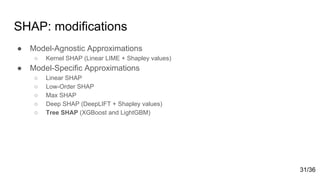 SHAP: modifications
● Model-Agnostic Approximations
○ Kernel SHAP (Linear LIME + Shapley values)
● Model-Specific Approximations
○ Linear SHAP
○ Low-Order SHAP
○ Max SHAP
○ Deep SHAP (DeepLIFT + Shapley values)
○ Tree SHAP (XGBoost and LightGBM)
31/36
 