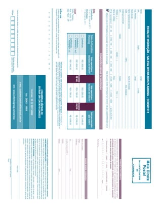 FICHA DE INSCRIÇÃO - SALES& OPERATION PLANNING - DC0601511
Nome:                                                                                                                  Cargo:
                                                                                                                                                                                                                                                                        9912247475-DR/SPM
CPF:                                                            Depto.:                                                                      E-mail:
                                                                                                                                                                                                                                                                                IIR
Sup. Imediato:                                                                                                         Cargo:
Razão Social:
Nome Fantasia da Empresa:                                                                                              Ramo de Atividade:
CCM:                                                                                  CNPJ:                                        Insc. Estadual:
Endereço Comercial:
CEP:                                       Cidade:                                                                     Estado:                                                                                                                                      FORMAS DE PAGAMENTO
Telefone: ( )                                                                 Celular: ( )                                                        Fax: ( )                                                             Emissão de boleto restrita até 3 dias antes do evento. Após esta data, favor contatar a Central
                                                                                                                                                                                                                       de Atendimento pelo telefone 11 3017 6888 ou e-mail customer.service@ibcbrasil.com.br. A
Nome p/ contato:                                                                                                       Área:
                                                                                                                                                                                                                       participação do inscrito estará condicionada à efetiva comprovação de pagamento
Nº de Funcionários: [ ] 01 - 99                 [ ] 100 - 199          [ ] 200 - 499          [ ] 500 - 999        [ ] 1.000 - 1.999           [ ] 2.000 - 4.999           [ ]acima de 5.000                           da inscrição antes da realização do evento.
     Autorizo o envio de informações da empresa por todos os canais de comunicação.                          Caso não queira receber informações, favor enviar e-mail para cadastro@ibcbrasil.com.br                  [ ] Boleto Bancário [ ] AMEX                         [ ] VISA         [ ] MASTERCARD [ ] DINERS
                                                                                                                                                                                                                       Nº | _ | _ | _ | _ | _ | _ | _ | _ | _ | _ | _ | _ | _ | _ | _ | _ |                          Valid.:............. / ...............
                                                                               CONDIÇÕES GERAIS DE INSCRIÇÃO
                                                                                                                                                                                                                                 ...............................................................................................................................
                                                                                                                                                                                                                       Assinatura:
Data:
Conferência:                                    Sales & Operation                    Valor especial para                               Valor especial para                             Valor para inscrições
10 e 11 de maio de 2011                         Planning                          inscrições até 18/03/11*                          inscrições até 15/04/11*                              após 15/04/11
Workshops:
                                                                                                                                                                                                                                                                   DADOS SOBRE COBRANÇA
11 de maio de 2011
                                                   Conferência                            R$ 2.999,00                                      R$ 3.299,00                                     R$ 3.499,00                 Nome do contato:
                                                                                                                     Economize                                        Economize                                        Cargo:
                                                   Conferência                            R$ 3.899,00                 R$ 500               R$ 4.199,00                 R$ 200              R$ 4.399,00                 Endereço:
Local:                                             + workshop 1 ou 2
Hotel Pestana
Rua Tutóia, 77                                     Conferência                            R$ 4.449,00                                      R$ 4.799,00                                     R$ 4.999,00                 Tel.:                                                               Fax:
                                                   + workshop 1 e 2
São Paulo - SP                                                                                                                                                                                                         E-mail p/ envio de NF-e:
                                                                                                                                                                                                                       Cidade:
                                                                                              *Desconto não cumulativo, válido somente para inscrição e pagamento antecipados. (1) ATENÇÃO: Os
                                                                                              valores incluem os impostos que devem ser recolhidos pela fonte pagadora em conformidade com a legislação vigente (Lei   Estado:                                                             CEP:
O Informa Group plc está presente no Brasil e na America Latina pelas marcas IBC e IIR.       116/2003, art. 5º da Lei 10.925/04 e art. 647 do RIR). Pedimos a gentileza de contatar nossa central de atendimento
Planejamento e Organização dos eventos no Brasil: IIR Informa Seminários Ltda.                para obter detalhes sobre o valor a ser pago, antes de efetuar o pagamento da inscrição.
     A       B       C      D       E       F      G       H       I      J      K        L     M        N
                                                                                                                                                                                                                       A inscrição será conﬁrmada após a Organizadora receber esta ﬁcha preenchida, assinada e carimbada.
                                                                                                                                                                                                                       CANCELAMENTOS E SUBSTITUIÇÕES: Os cancelamentos podem ser feitos sem ônus ou encargos até 10 dias
                                                                                                                                                                                                                       antes do evento. Após esta data, as substituições podem ser feitas sem ônus, mas os cancelamentos terão uma
                                                                                                                                           4 MANEIRAS RÁPIDAS DE                                                       taxa administrativa de R$ 500,00. Em todos os casos, solicitamos informar a Organizadora sobre qualquer alteração
                                                                                                                                        ENTRAR EM CONTATO CONOSCO                                                      até às 12h da véspera do evento. Os inscritos que não cancelarem sua participação segundo as condições acima
                                                                                                                                                                                                                       descritas, e não comparecerem ao evento, serão cobrados no valor integral acordado. Todas as notiﬁcações devem
                                                                                                                                                                                                                       ser feitas por escrito pelo fax, e-mail ou endereço indicados nesta ﬁcha.
                                                                                                                                                                                                                       ALTERAÇÃO DE PROGRAMA: O nosso compromisso é fornecer a discussão e o estudo de temas e casos
                                                                                                                                              TELEFONE: 55 11 3017-6888                                                relevantes por palestrantes habilitados. Eventuais alterações no programa serão decorrentes de caso fortuito ou
                                                                                                                                                                                                                       força maior. Na eventualidade de algum palestrante não comparecer, envidaremos maiores esforços possíveis para
                                                                                                                                                                                                                       substituir o executivo ausente por outro apto a promover a discussão do tema conforme programado. Contudo, tal
                                                                                                                                                     FAX: 0800 11 4664                                                 empenho não implica em garantia da substituição. Ao assinar este documento, concordo com os termos acima
                                                                                                                                                                                                                       pactuados.
                                                                                                                                 E-MAIL: customer.service@ibcbrasil.com.br
 Insira no campo abaixo o código que se encontra na etiqueta de endereçamento                                                                                                                                                                                                      Local e Data
                                                                                     Código da etiqueta                               SITE: www.informagroup.com.br/sop
 Código                                                                              Lado superior direito
                                                                                                                                                                                                                                                                    Assinatura e Carimbo da Empresa
                                                                                                                                                                                                                                                                    Cargo:
 