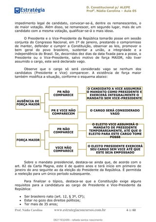 D. Constitucional p/ ALEPE
Profa
. Nádia Carolina Aula 05
Prof. Nádia Carolina www.estrategiaconcursos.com.br 4 de 60
impedimento legal de candidato, convocar-se-á, dentre os remanescentes, o
de maior votação. Além disso, se remanescer, em segundo lugar, mais de um
candidato com a mesma votação, qualificar-se-á o mais idoso.
O Presidente e o Vice-Presidente da República tomarão posse em sessão
conjunta do Congresso Nacional, em 1º de janeiro, prestando o compromisso
de manter, defender e cumprir a Constituição, observar as leis, promover o
bem geral do povo brasileiro, sustentar a união, a integridade e a
independência do Brasil. Se, decorridos dez dias da data fixada para a posse, o
Presidente ou o Vice-Presidente, salvo motivo de força MAIOR, não tiver
assumido o cargo, este será declarado vago.
Observe que o cargo só será considerado vago se nenhum dos
candidatos (Presidente e Vice) comparecer. A existência de força maior
também modifica a situação, conforme o esquema abaixo:
Sobre o mandato presidencial, destaca-se ainda que, de acordo com o
art. 82 da Carta Magna, este é de quatro anos e terá início em primeiro de
janeiro do ano seguinte ao da eleição do Presidente da República. É permitida
a reeleição para um único período subsequente.
Para finalizar o tópico, destaca-se que a Constituição exige alguns
requisitos para a candidatura ao cargo de Presidente e Vice-Presidente da
República:
Ser brasileiro nato (art. 12, § 3º, CF);
Estar no gozo dos direitos políticos;
Ter mais de 35 anos;
AUSÊNCIA DE
FORÇA MAIOR
PR NÃO
COMPARECE
O CANDIDATO A VICE ASSUMIRÁ
O MANDATO COMO PRESIDENTE E
EXERCERÁ INTEGRALMENTE O
MANDATO SEM VICE-PRESIDENTE
PR E VICE NÃO
COMPARECEM
O CARGO SERÁ CONSIDERADO
VAGO
FORÇA MAIOR
PR NÃO
COMPARECE
O ELEITO VICE ASSUMIRÁ O
MANDATO DE PRESIDENTE
TEMPORARIAMENTE, ATÉ QUE O
ELEITO PARA ESTE CARGO TOME
POSSE
VICE NÃO
COMPARECE
O ELEITO PRESIDENTE EXERCERÁ
SEU CARGO SEM VICE ATÉ QUE
ESTE SEJA EMPOSSADO
08211632489
08211632489 - rafaela santos nascimento
 