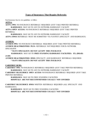 ~ 4 ~
Types of Insurances That Require Referrals:
Each insurance has its own guidelines to follow:
AETNA:
AETNA PPO: NO INSURANCE REFERRALS REQUIRED (JUST TAKE PRINTED REFERRAL)
RADIOLOGY: MAY GO TO ANY IN-NETWORK RADIOLOGY FACILITY
AETNA OPEN ACCESS: NO INSURANCE REFERRALS REQUIRED (JUST TAKE PRINTED
REFERRAL)
RADIOLOGY: MAY GO TO ANY IN-NETWORK RADIOLOGY FACILITY
AETNA HMO: REFERRALS MUST BE SUBMITTED VIA NAVINET (SPECIALTY AND RADIOLOGY)
ANTHEM:
ANTHEM PPO: NO INSURANCE REFERRALS REQUIRED (JUST TAKE PRINTED REFERRAL)
ANTHEM HEALTHKEEPERS PLUS: REFERRALS NOT REQUIRED FOR IN-NETWORK
SPECIALISTS
* MANY SPECIALISTS DO NOT ACCEPT THIS INSURANCE
RADIOLOGY: MAY GO TO FREE STANDING RADIOLOGY FACILITIES: EX. (DRAD)
(AAR)
ANTHEM HEALTHKEEPERS HMO: SPECIALTY AND RADIOLOGY REFERRALS REQUIRED
* MANY SPECIALISTS DO NOT ACCEPT THIS INSURANCE
CAREFIRST BCBS:
CAREFIRST PPO: NO INSURANCE REFERRALS REQUIRED (JUST TAKE PRINTED REFERRAL)
RADIOLOGY: MAY GO TO ANY IN-NETWORK RADIOLOGY FACILITY
CAREFIRST BLUECHOICE OPEN ACCESS NO INSURANCE REFERRALS REQUIRED (JUST TAKE
PRINTED REFERRAL)
RADIOLOGY: MAY GO TO FREE STANDING FACILITIES
HOSPITALS ARE NOT RECCOMMENDED/ USUALLY NOT COVERED
CAREFIRST BLUECHOICE HMO: WRITTEN REFERRALS REQUIRED (ALL SPECIALTY AND
RADIOLOGY)
RADIOLOGY: MUST GO TO FREE STANDING FACILITIES
HOSPITALS ARE NOT RECCOMMENDED/ USUALLY NOT COVERED
 