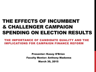 THE EFFECTS OF INCUMBENT
& CHALLENGER CAMPAIGN
SPENDING ON ELECTION RESULTS
THE IMPORTANCE OF CANDIDATE QUALITY AND THE
IMPLICATIONS FOR CAMPAIGN FINANCE REFORM
Presenter: Kasey O’Brien
Faculty Mentor: Anthony Madonna
March 30, 2015
 