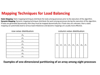 Examples of one-dimensional partitioning of an array among eight processes
Mapping Techniques for Load Balancing
Static Mapping: Static mapping techniques distribute the tasks among processes prior to the execution of the algorithm.
Dynamic Mapping: Dynamic mapping techniques distribute the work among processes during the execution of the algorithm.
If tasks are generated dynamically, then they must be mapped dynamically too. If task sizes are unknown, then a static
mapping can potentially lead to serious load-imbalances and dynamic mappings are usually more effective.
 