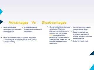 ▸ More reliable as a
destination can detect the
missing packet.
Advantages Vs Disadvantages
30
▸ Cost-effective and
comparatively cheaper to
implement.
▸ More fault tolerant because packets may follow
a different path in case any link is down, Unlike
Circuit Switching
▸ Overall packet delay can vary
substituting ,The delay
changes from one packet to
another, and this is called
jitter, and this happens
because of the difference in
the size of the packet and the
methods it takes to reach
destination
▸ Packet Switching doesn’t
give packets in order.
▸ Since the packets are
unordered, we need to
provide sequence numbers
for each packet.
▸ Delay form each node
 