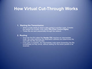 How Virtual Cut-Through Works
1. Starting the Transmission:
– When a node wants to send a data packet to another node, it breaks
the packet into smaller units called flits (Flow Control Digits).
– These flits are sent sequentially through the network
2. Routing:
– Once the first flit (called the Header Flit) reaches an intermediate
node, the node examines the destination address and determines the
next path the flits should take.
– If the path is available, the intermediate node starts forwarding the flits
immediately as they arrive, without waiting for the entire packet to be
received.
 