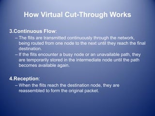 How Virtual Cut-Through Works
3.Continuous Flow:
– The flits are transmitted continuously through the network,
being routed from one node to the next until they reach the final
destination.
– If the flits encounter a busy node or an unavailable path, they
are temporarily stored in the intermediate node until the path
becomes available again.
4.Reception:
– When the flits reach the destination node, they are
reassembled to form the original packet.
 