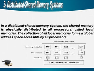 In a distributed-shared-memory system, the shared memory
is physically distributed to all processors, called local
memories. The collection of all local memories forms a global
address space accessible by all processors.
 