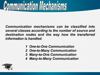 Communication mechanisms can be classified into
several classes according to the number of source and
destination nodes and the way how the transferred
information is handled.
1 One-to-One Communication
2 One-to-Many Communication
3 Many-to-One Communication
4 Many-to-Many Communication
 