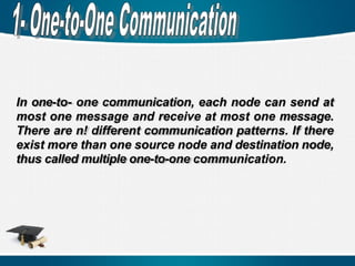 In one-to- one communication, each node can send at
most one message and receive at most one message.
There are n! different communication patterns. If there
exist more than one source node and destination node,
thus called multiple one-to-one communication.
 