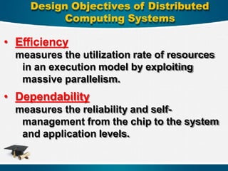 • Eﬃciency
measures the utilization rate of resources
in an execution model by exploiting
massive parallelism.
• Dependability
measures the reliability and self-
management from the chip to the system
and application levels.
Design Objectives of Distributed
Computing Systems
 